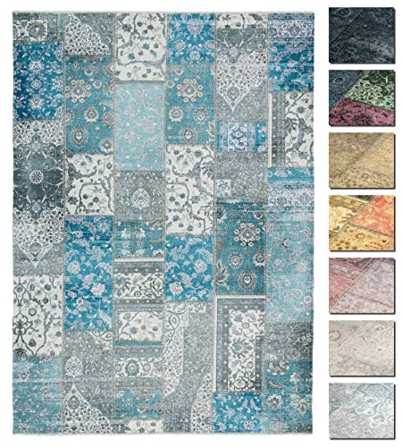 TESSO LIVING Kelim Patchwork Teppich Blau 155 X 225 cm - Maschinenwaschbar - Moderner Kurzflor Wohnzimmer Teppich - Super Soft von TESSO LIVING