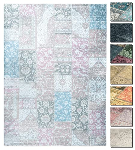 Kelim Patchwork Teppich Blau Rosa 195 X 280 cm - Maschinenwaschbar - Moderner Kurzflor Wohnzimmer Teppich - Super Soft von TESSO LIVING