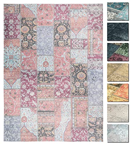 TESSO LIVING Kelim Patchwork Teppich Wohnzimmer Rosa 195 X 280 cm, Moderner Kurzflor Teppich, Super Soft, Formen verfügbar von TESSO LIVING