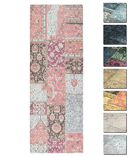 TESSO LIVING Kelim Patchwork Teppich Wohnzimmer Rosa 80 X 195 cm, Moderner Kurzflor Teppich, Super Soft, Formen verfügbar von TESSO LIVING