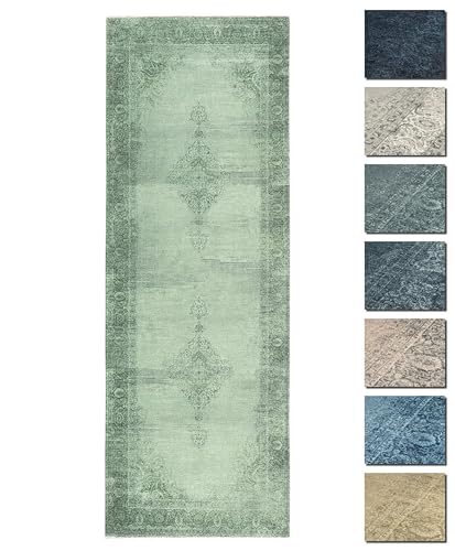 Kelim Vintage Teppich Wohnzimmer Grün 80 X 195 cm - Moderner Kurzflor Teppich - Super Soft von TESSO LIVING