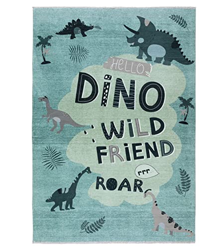 Kinder-Teppich, Spielteppich, Kinderzimmer, Waschbar, Antirutsch, Dino, Dinosaurier, Grün - 155cm x 225cm von TESSO LIVING