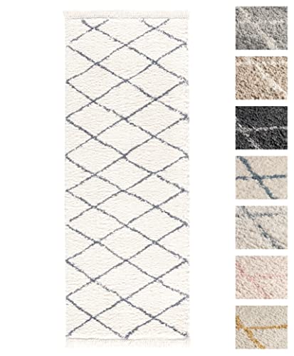 Wohnzimmer Shaggy Teppich 80 x 200 Weiss Grau Diamantmuster, Super Soft Moderner Hochflor Teppich von TESSO LIVING