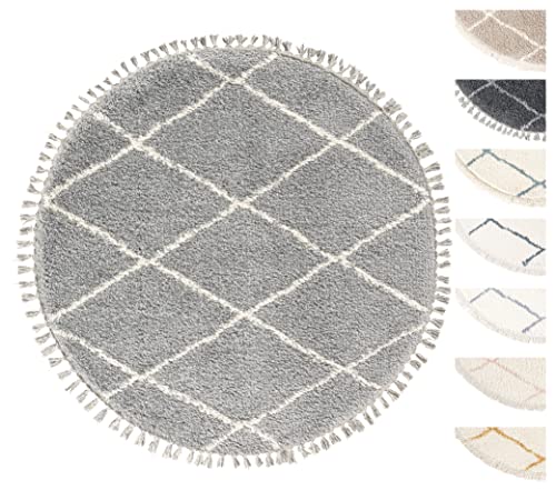 TESSO LIVING Wohnzimmer Shaggy Teppich Ø120 cm Silber Diamantmuster, Super Soft Moderner Hochflor Teppich von TESSO LIVING