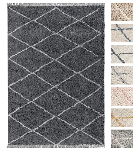 Wohnzimmer Shaggy Teppich 120 x 160 Grau Diamantmuster, Super Soft Moderner Hochflor Teppich von TESSO LIVING