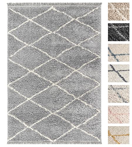 Wohnzimmer Shaggy Teppich 160 x 230 Silber Diamantmuster, Super Soft Moderner Hochflor Teppich von TESSO LIVING