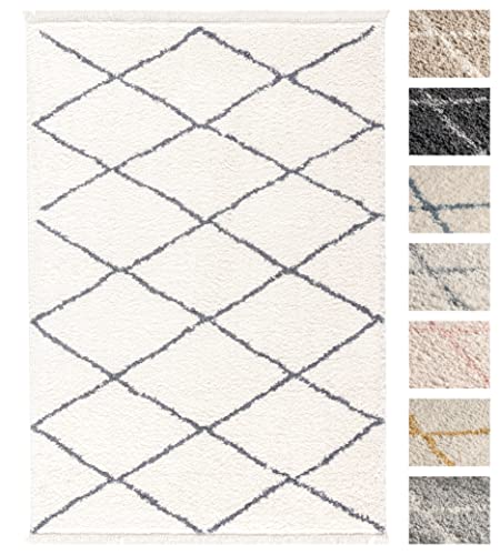 Wohnzimmer Shaggy Teppich 80 x 150 Weiss Grau Diamantmuster, Super Soft Moderner Hochflor Teppich von TESSO LIVING