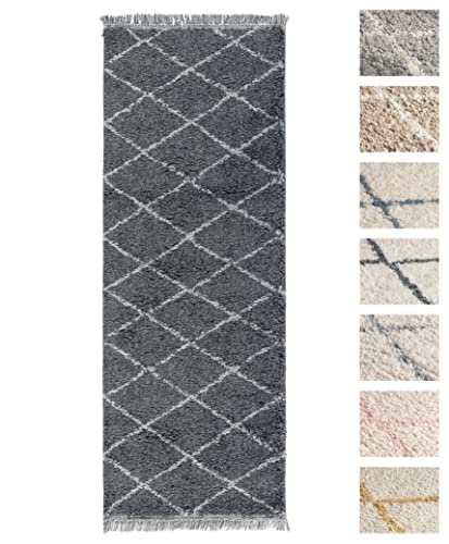 Wohnzimmer Shaggy Teppich 80 x 300 Grau Diamantmuster, Super Soft Moderner Hochflor Teppich von TESSO LIVING