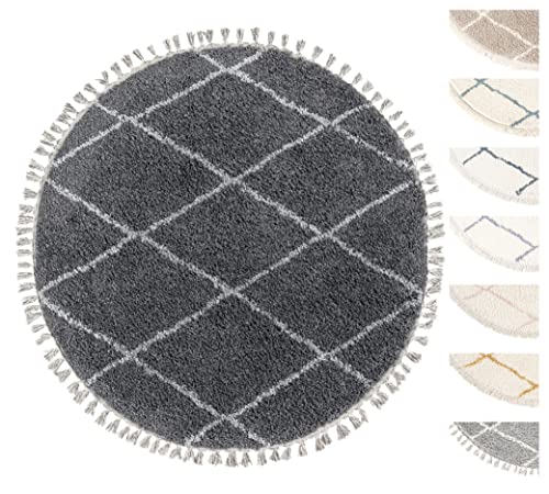 Wohnzimmer Shaggy Teppich Ø160 cm Grau Diamantmuster, Super Soft Moderner Hochflor Teppich Wohnzimmer Shaggy Teppich Ø160 cm Grau Diamantmuster, Super Soft Moderner Hochflor Teppich von TESSO LIVING