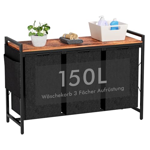 TESSTINA Wäschekorb 3 Fächer, Wäschesammler mit Ablage, 3 x 50 L, Wäschesack aus Oxford Gewebe Abnehmbar, Metallrahmen, Wäschebox mit Seitentaschen Für Badezimmer, Wäschekammer, Schlafzimmer von TESSTINA