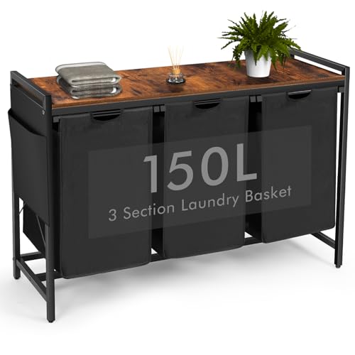 TESSTINA Wäschekorb 3 Fächer, Wäschesammler mit Ablage, Gesamtkapazität 3 x 50 L, Wäschesack aus Oxford-Gewebe ausziehbar abnehmbar, Wäschebox mit Seitentaschen und X-Form Halterung TESSTINA Wäschekorb 3 Fächer, Wäschesammler mit Ablage, Gesamtkapazität 3 x 50 L, Wäschesack aus Oxford-Gewebe ausziehbar abnehmbar, Wäschebox mit Seitentaschen und X-Form Halterung von TESSTINA