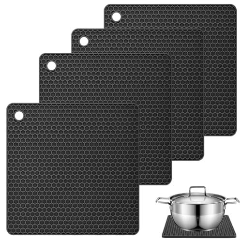 4 Stück Topfuntersetzer Silikon 18x18 cm, Rutschfester Untersetzer aus Silikon, Silikon Topfuntersetzer Hitzebeständig, Spülmaschinenfest, Untersetzer für Heiße Töpfe und Pfannen (Schwarz) von TESSTSY