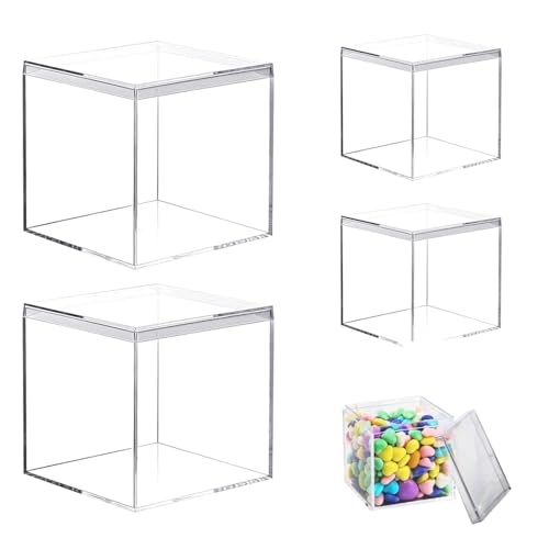Acrylbox Mit Deckel, 4 Stück Transparent, Für Präsentationen, Würfel Geschenkbox Durchsichtig Set, Quadratische Box, Für Schmuck Figuren Süßigkeiten (10/8cm) von TESSTSY