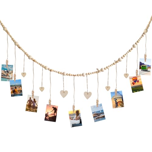 Clip Fotohalter Raumdekoration Für Schlafzimmer, Foto Wand Hängen Mit 9 Holzklammern, Bohemien Fotohalter Mit Klammern Zum Aufhängen, Weihnachtsdeko-Bilderrahmen Fotowand für Wohnkultur Fotos von TESSTSY