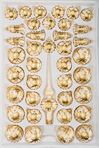 TESTEL T 39 TLG. Glas-Weihnachtskugeln Set in Ice Champagner Goldene Schleife- Christbaumkugeln - Weihnachtsschmuck-Christbaumschmuck von TESTEL