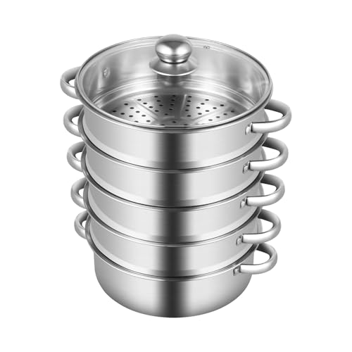 TESUGN 26CM Dampfgarer 5-Tier Dampfeinsatz Kochtopf Dampfkochtopf Edelstahl mit Glasdeckel Rostfrei Dampfgarer Edelstahl Kartoffeldämpfer Silber (26cm) von TESUGN