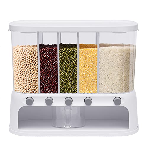 TESUGN Reisspender, 5 Gitter Lebensmittelspender 10 Kg Cerealienspender Küche Organizer Lebensmittel-Container Trockenfutter-Spender mit Deckel Geeignet für Reis Bohnen Nüsse Trockenfutter von TESUGN