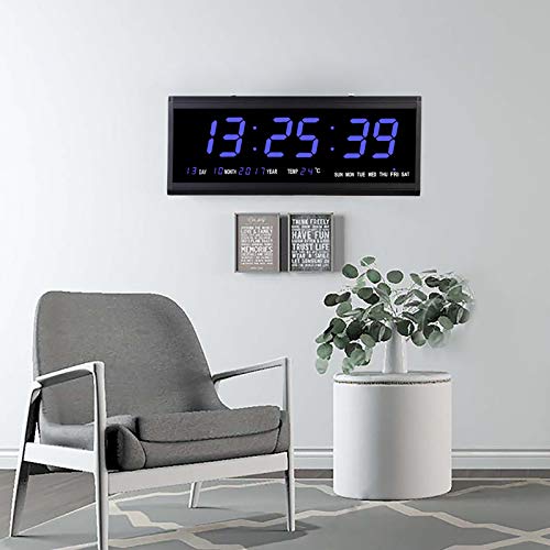 TESUGN Wanduhr Digital, 48cm LED Display Datumanzeige Creative LED Clock Wanduhr, Tischuhr Digital mit Datum, Woche, Temperatur für Schlafzimmer, Wohnzimmer (Blau Schrift) von TESUGN