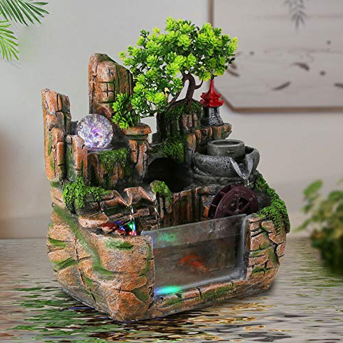 TESUGN Zimmerbrunnen Wasserfall Tischbrunnen Desktop Bonsai Ornamente Mit LED Kristallkugel und Zerstäuber Tischbrunnen, um Sukkulenten anzubauen/Als Fischbecken von TESUGN