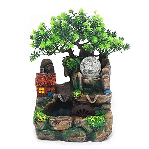 TESUGN Zimmerbrunnen mit LED Beleuchtung, Tischbrunnen Desktop Bonsai Ornamente Mit LED Kristallkugel und Zerstäuber Tischbrunnen, Ornament für Indoor Home Office Desktop Dekoration von TESUGN