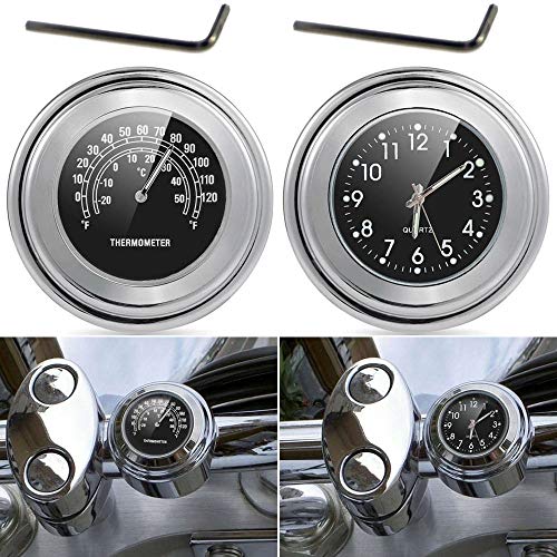 TESWNE 7/8 1" Motorrad Lenker Chrom Weiß Zifferblatt Uhr und Thermometer für Yamaha Kawasaki Honda Suzuki (Schwarz) von TESWNE