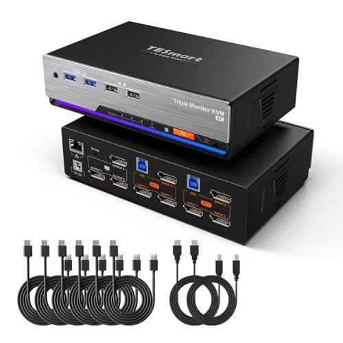 TESmart 8K@60Hz DP KVM Switch 3 Monitore 2 Computer USB 3.0, KVM Switch Triple Monitor 2 Computer DisplayPort 1.4, Unterstützung EDID, 1G Ethernet, Hotkey Switch, 4K @ 144Hz 2K@144Hz für Gaming & Home von TESmart