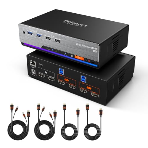 TESmart 8K@60Hz HDMI KVM Switch 2 PC 2 Monitore USB 3.0, KVM Switches Dual Monitor 4K@144Hz für Gaming Dock, unterstützt EDID, Gigabit Netzwerk, Hotkey Switch, Audio Mikrofon mit allen Eingangskabeln von TESmart