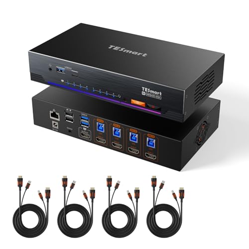TESmart 8K@60Hz HDMI KVM Switch 4 PC 1 Monitor, USB3.0 5 HDMI Ports 4K@144Hz KVM-Switches Für Gaming, EDID Emulators, Hotkey Switch, L/R Audio & Microphone, ADI Chip, 4 In 1 Out Umschalter, 4*Kabeln von TESmart