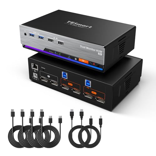 TESmart 8K@60Hz KVM Switch 2 Monitore 2 PC USB 3.0 DP 1.4 kvm-switches Dual Monitor 4K@144Hz Für Gaming Dock, Unterstützt EDID, Gigabit Netzwerk, Hotkey Switch, Audio-Mikrofon, mit Inkl aller Kabel von TESmart