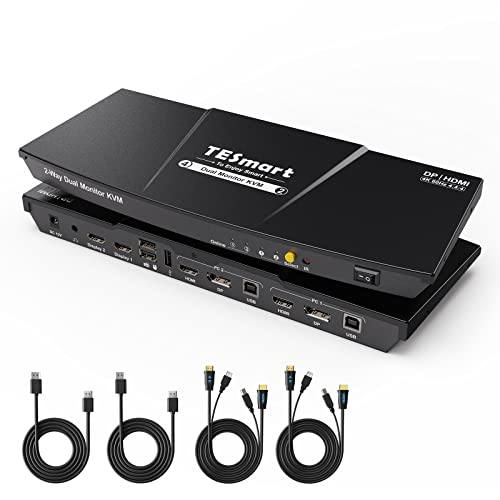 TESmart DisplayPort HDMI KVM Switch 2 PC 2 Monitore, 4K60Hz KVM-Switches mit EDID Emulator, Audio Ausgang, USB2.0 für Scanner Drucker, Tastatur und Maus, Hotkey Button Umschalter Dual Monitor von TESmart