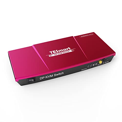 TESmart Displayport KVM-Switch, für 2 Computer, 1 Monitor, 4K @ 60Hz USB 2.0| EDID Emulator | Auto-Scan | IR-Fernbedienung/Panel-Taste/Hotkey-Schalter | Pass-Through, mit Eingangskabeln, rot von TESmart