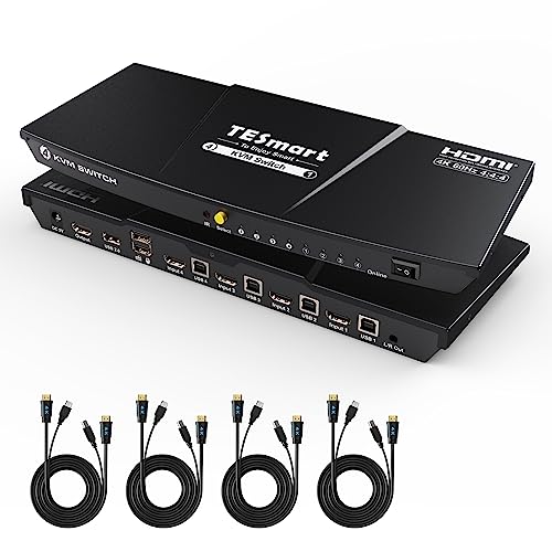 TESmart HDMI KVM Switch 4 Ports, 4 PC 1 Monitor Switch, EDID Emulator, Hotkey, Button Umschalter, USB 2.0 für Printer Scanner, Audio Ausgang, KVM Switches 4K30Hz für 4 Computer mit 4 * 1.5M Kabeln TESmart HDMI KVM Switch 4 Ports, 4 PC 1 Monitor Switch, EDID Emulator, Hotkey, Button Umschalter, USB 2.0 für Printer Scanner, Audio Ausgang, KVM Switches 4K30Hz für 4 Computer mit 4 * 1.5M Kabeln von TESmart