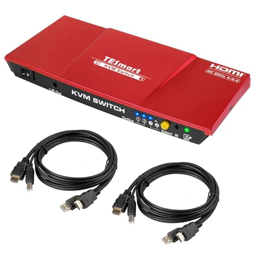 TESmart HDMI KVM Switch 4K@60Hz, 2 in 1 out, 2 PC KVM Switch, HDMI 4:4:4 Ultra HD, USB 2.0, IR Remote/Hotkeys/Push Button Switch, mit Eingangskabeln, Rot von TESmart