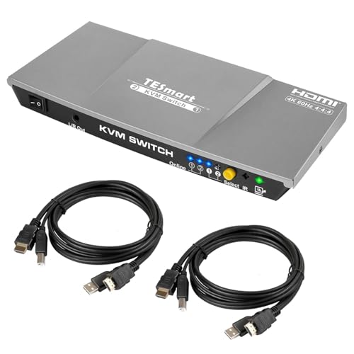 TESmart HDMI KVM Switch 4K@60Hz, 2 in 1 out, 2PC KVM Switch, HDMI 4:4:4 Ultra HD, USB 2.0, IR Remote/Hotkeys/Push Button Switch, mit Eingangskabeln, Grau von TESmart