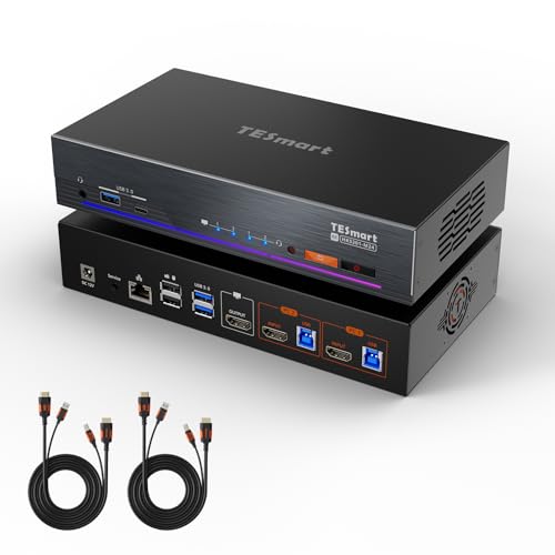 TESmart HDMI KVM Switch HKS201-Master 2 PC 1 Monitor Schalter, USB 3.0 HDMI 2.1 KVM Umschalter, EDID Emulation,1Gbps Ethernet-Anschluss, Mikrofon-Audioausgang von TESmart