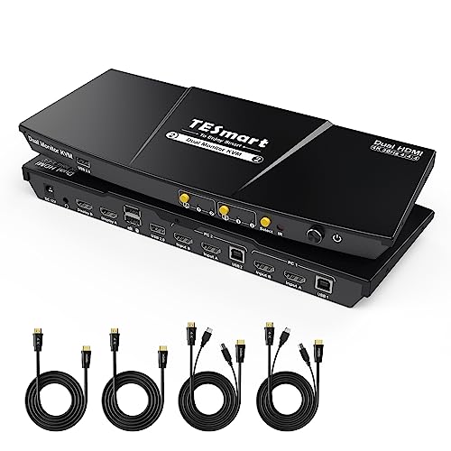 TESmart KVM Switch 2 Monitore, HDMI 2 PC 2 Monitor Switch mit Kabel×4, EDID Emulator, Audio Extractor, USB 2.0 für Tastatur Maus Scanner Drucker, HDCP 2.2, Hotkey, Button Umschalter, 4K30Hz von TESmart