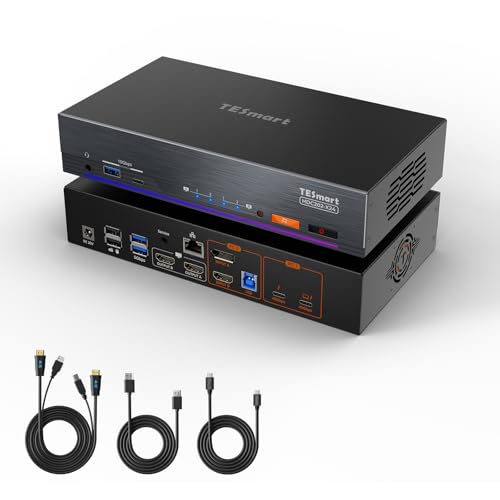 TESmart Thunderbolt 4 KVM Switch 2 Monitore 2 Computer 4K@60Hz, HDMI DisplayPort KVM Schalter Dual Monitor für 1 Laptop (TB4 USB C w/Laden 60W) & 1 Desktop (HDMI 2.0 & DP1.2), Gigabit Netzwerk, EDID von TESmart