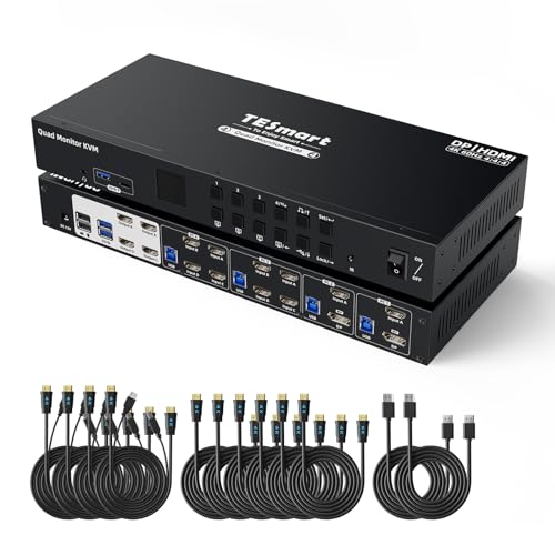 TESmart USB 3.0 HDMI+DP KVM Switch 4 Monitore 4 PC, 4K@60Hz MST Quad Monitor KVM-Switches mit EDID Emulatoren, Docking Station mit Audio&Mikrofon, 4 USB 3.0 für Tastaturen, Mäuse Drucker und U-Disk von TESmart