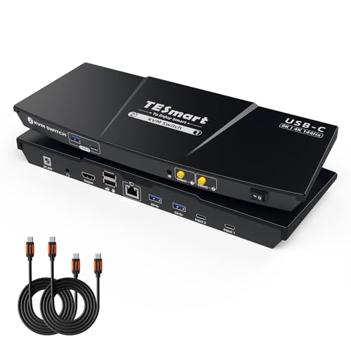 TESmart USB C 8K@60Hz/4K@144Hz KVM Switch 2 PC 1 Monitor, CKS201Master USB3.0 KVM-Switch, Type C 60W Aufladen für Laptop,1G Ethernet, EDID, Hotkey-Switch, ADI Chip für Gaming & Home Office von TESmart