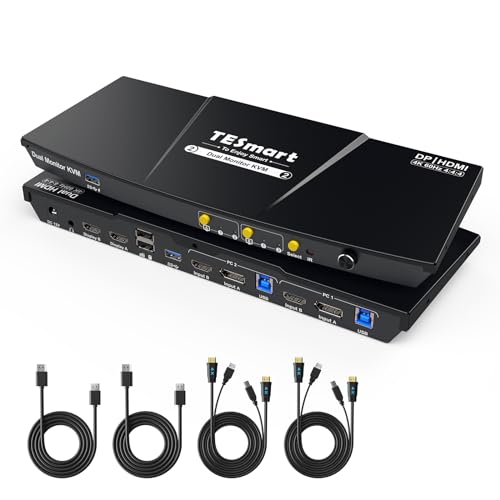 TESmart USB3.0 DisplayPort HDMI KVM Switch 2 Monitors, 2 PC 2 Monitor Switch 4K60Hz mit EDID, Audio&Mikrofon, USB für Scanner Drucker, Hotkey Button Umschalter Dual Monitor mit 4*Kabel TESmart USB3.0 DisplayPort HDMI KVM Switch 2 Monitors, 2 PC 2 Monitor Switch 4K60Hz mit EDID, Audio&Mikrofon, USB für Scanner Drucker, Hotkey Button Umschalter Dual Monitor mit 4*Kabel von TESmart