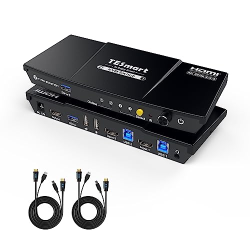 TESmart USB3.0 HDMI KVM Switch, 2 PC 1 Monitore Switch 4K60Hz mit EDID Emulator, Hotkey, Audio Extractor, USB 3.0 für Scanner Drucker, 2 in 1 Out KVM Umschalter Teilen Tastatur Maus und Kabel×2 von TESmart