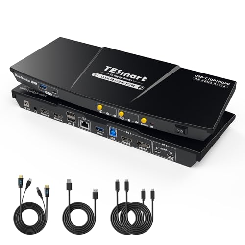 TESmart MST USB-C DisplayPort HDMI KVM Switch für 2 PC 2 Monitor, 4K@60Hz Kvm-Umschalter HDC202-Prime, Typ-C 60W Laden für Laptop, Gigabit Ethernet, USB 3.0, EDID, Audio Mikrofon, Hotkey kvm Schalter von TESmart