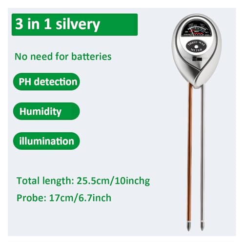 PH Messgerät Erde 3-in-1-Pflanzenfeuchtigkeitsmessrät, pH-/Lichtmessrät, Bodentest-Kit for den Innenbereich, Bodenfeuchtigkeitsmessrät for Zimmerpflanzen for Gartenrasen, Bauernhof(3 in 1 silvery 1pc) von TETEOM