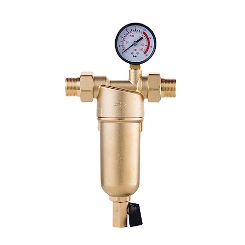 Siphon Backwas Vorfilter-Heißwasserfilter, Ganzmessing-Reinigungssystem, Edelstahlgeflecht-Vorfilter mit Messgerät for heißes Wasser Einfache Installation und Austausch(Brass with gauge,0.75 inch) von TETEOM