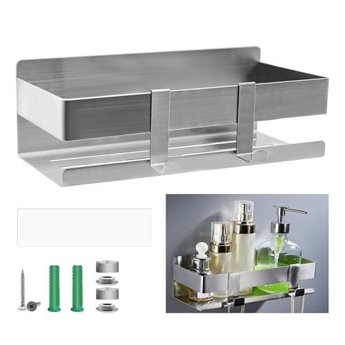 TETEWEVER 1 Stück Duschablage Ohne Bohren Edelstahl Duschregal mit 2 Haken Duschkorb zum Kleben 23cm Regal Dusche Ablage Shampoohalter Dusche von TETEWEVER