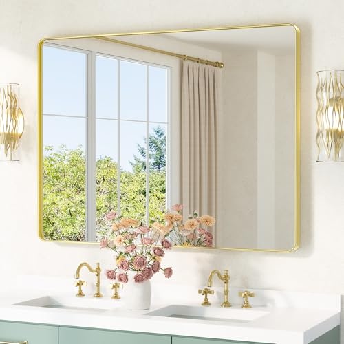 TETOTE 121x91cm Badezimmerspiegel Gold Ohne Beleuchtung, Metallrahmen Badezimmer Wandspiegel für Waschbecken, Badspiegel Rechteckig Aabgerundete Ecke Spiegel, Gehärtetes Glas Dekorative Spiegel von TETOTE