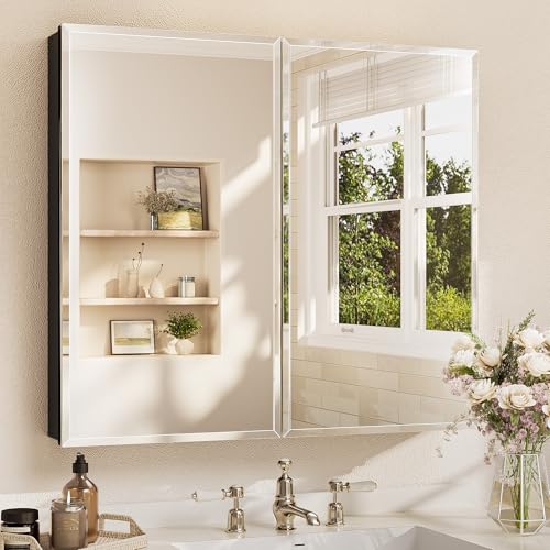 TETOTE 36 x 32 verspiegelte Medizinschränke für Badezimmer mit gehärtetem abgeschrägtem Spiegel, schwarzer Medizinschrank, Aluminiumschrank, DTC-Scharniere, stufenlos verstellbare Regale, versenkt von TETOTE