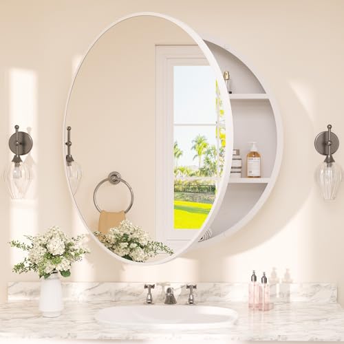 TETOTE Badezimmer Spiegelschrank 28x28 Weiß Rund Badezimmer Medizinschrank mit Spiegel Verstellbare Regale Bauernhaus Wandspiegel mit Ablagefläche Montiert von TETOTE