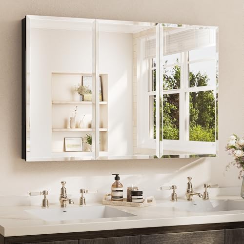 TETOTE Badezimmer-Spiegelschrank mit gehärtetem abgeschrägtem Spiegel, schwarz, Medizinschrank, Aluminiumschrank, DTC-Scharniere, stufenlose verstellbare Regale, versenkt/Aufputzmontage, 48 x 32 cm TETOTE Badezimmer-Spiegelschrank mit gehärtetem abgeschrägtem Spiegel, schwarz, Medizinschrank, Aluminiumschrank, DTC-Scharniere, stufenlose verstellbare Regale, versenkt/Aufputzmontage, 48 x 32 cm von TETOTE