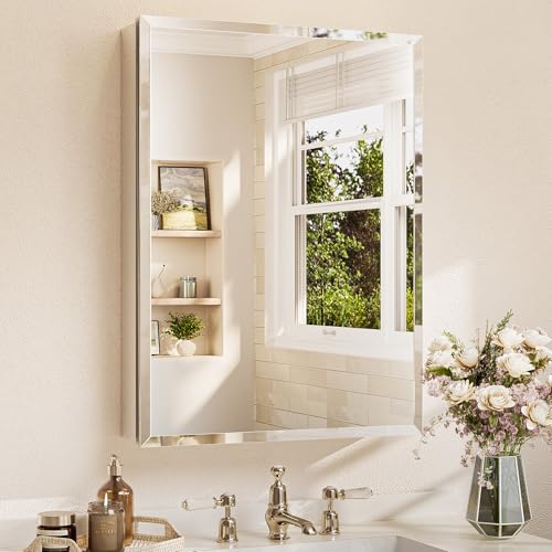 TETOTE Badezimmer-Spiegelschrank mit gehärtetem abgeschrägtem Spiegel, silberfarben, Medizinschrank, Aluminiumschrank, DTC-Scharniere, stufenlose verstellbare Regale, Einbau-/Aufputzmontage, 24 x 32 TETOTE Badezimmer-Spiegelschrank mit gehärtetem abgeschrägtem Spiegel, silberfarben, Medizinschrank, Aluminiumschrank, DTC-Scharniere, stufenlose verstellbare Regale, Einbau-/Aufputzmontage, 24 x 32 von TETOTE